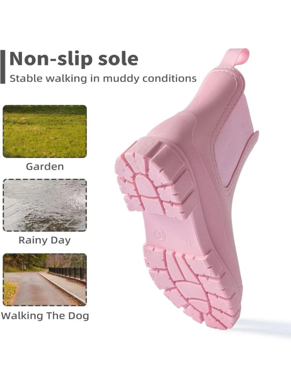 Women's Pink Waterproof Slip-Resistant Rubber Short Ankle Chelsea rain Boots